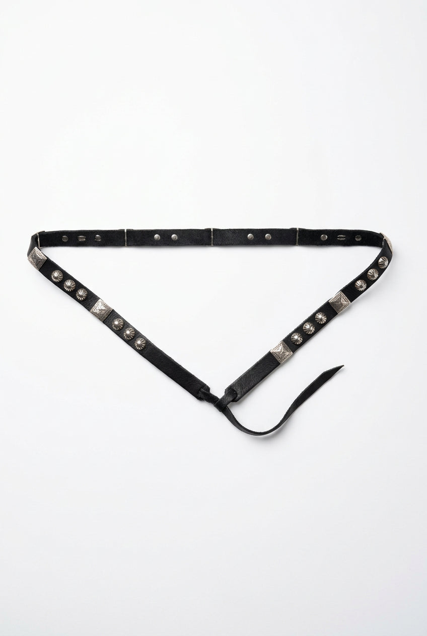 Trestles Clothing Company black suede hat band with silver square and round conchos in a Western boho style
